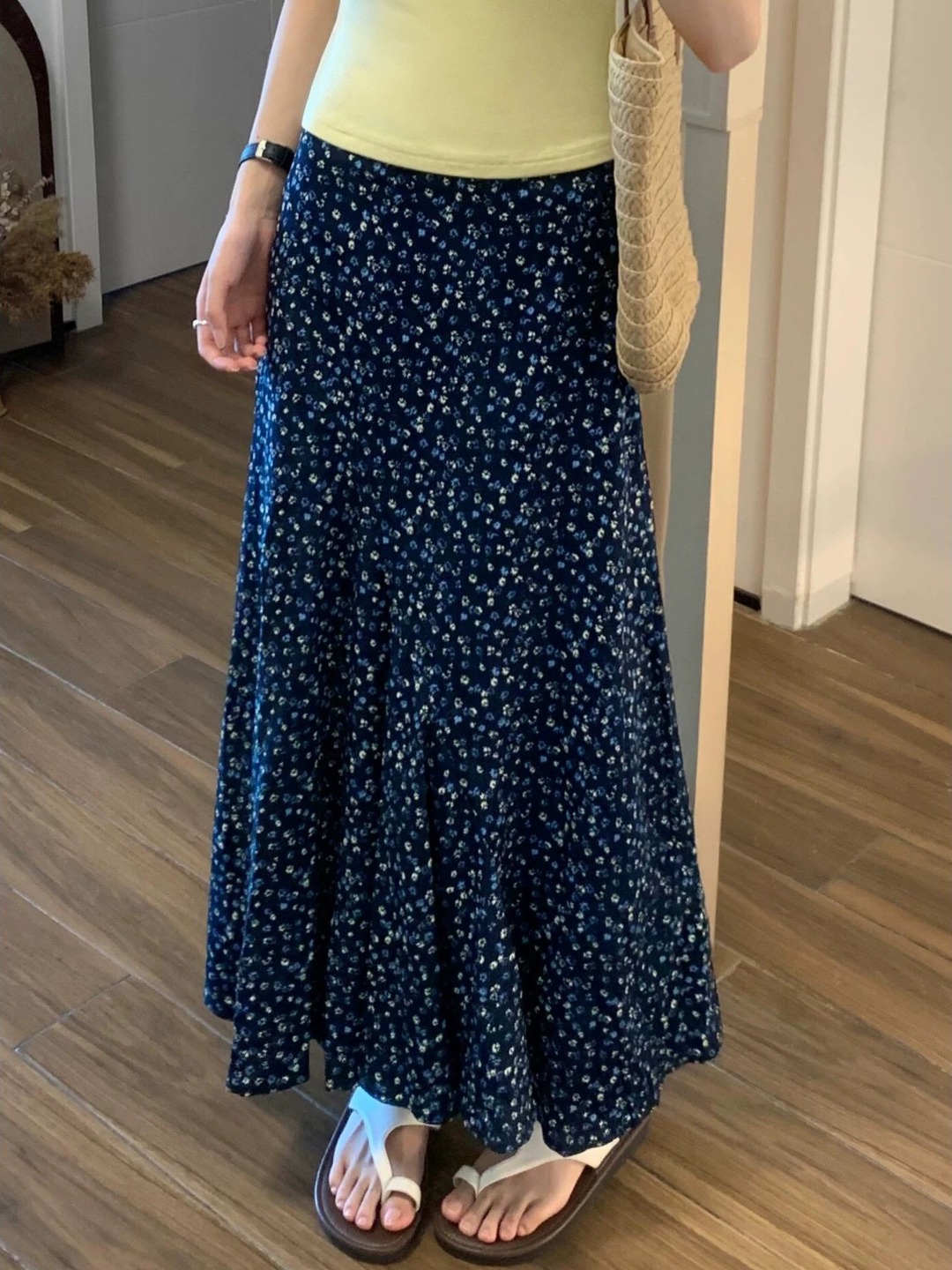 Midi Skirt Floral - กระโปรงมิดิทรงเอพิมพ์ลายดอกไม้ขนาดพลัสไซส์เอวสูงปกปิดสัดส่วนหลวมพอดีฤดูร้อนสไตล์ใหม่สไตล์เกาหลีกระโปรงลำลอง