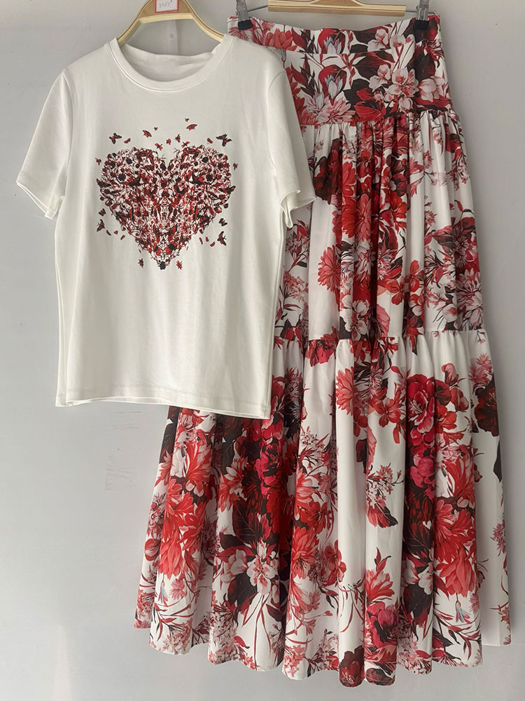 Midi Skirt Floral - ชุดเซ็ตฤดูร้อนปี 2026 สำหรับผู้หญิง ลายดอกไม้ เสื้อคอกลมแขนสั้น กระโปรงพลีทเอวสูงระดับกลาง