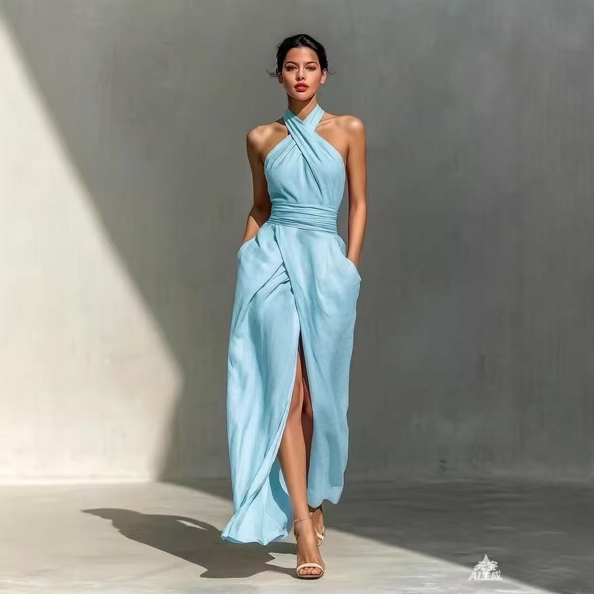 Maxi Dress Halter - เดรสยาวสไตล์โบโฮสุดชิค ดีไซน์ผ่าหน้า ผ้าเรียบหรู สำหรับผู้หญิง ใส่ได้ทั้งฤดูใบไม้ผลิและฤดูร้อน เซ็กซี่