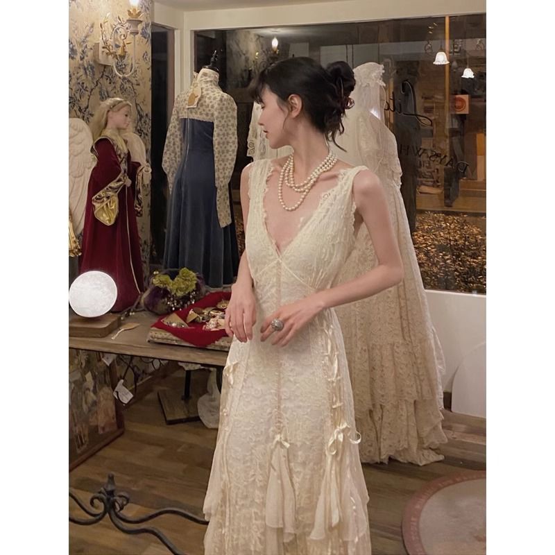 Maxi Dress Halter - ชุดเดรสลูกไม้สไตล์โกธิค ชุดเดรสยาวเซ็กซี่แบบผูกคอ สไตล์วินเทจ Y2K ชุดแต่งงานผู้หญิง ชุดเดรสสตรีทแวร์สุดหรูสไตล์แฟรี่คอร์