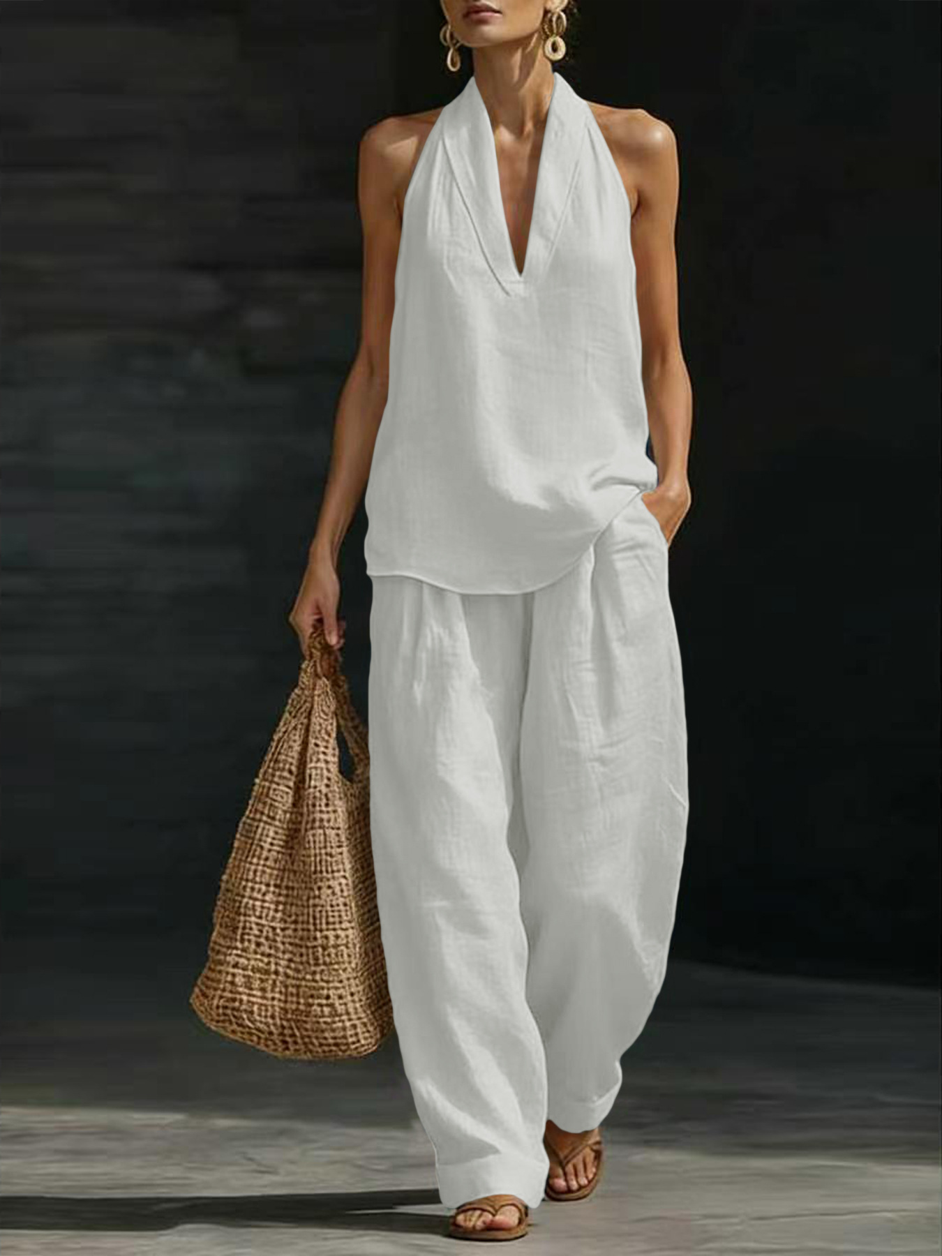 ชุดเซ็ตผ้าลินิน 2 ชิ้นสำหรับผู - Linen Pant Wide บทวิจารณ์และราคา